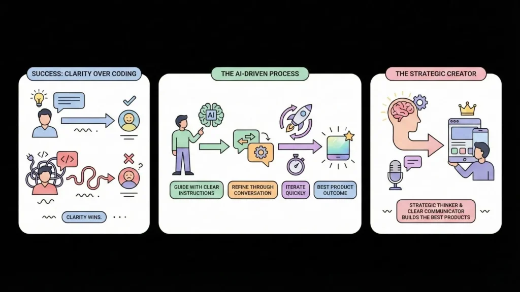 AI-driven no-code development process emphasizing clarity of intent over traditional programming