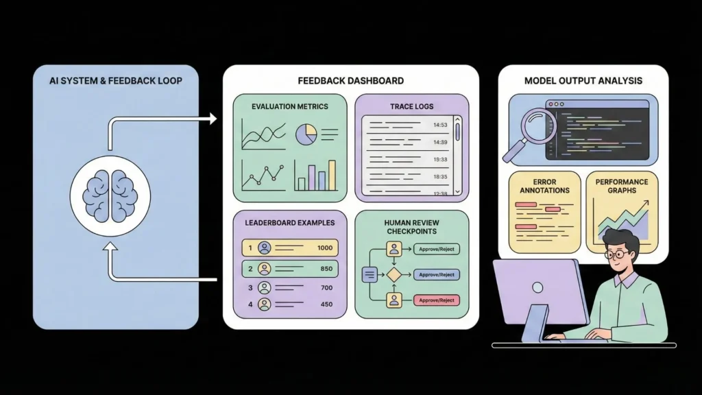 AI system feedback loop with evaluation metrics dashboard, trace logs, leaderboard examples, and human review checkpoints