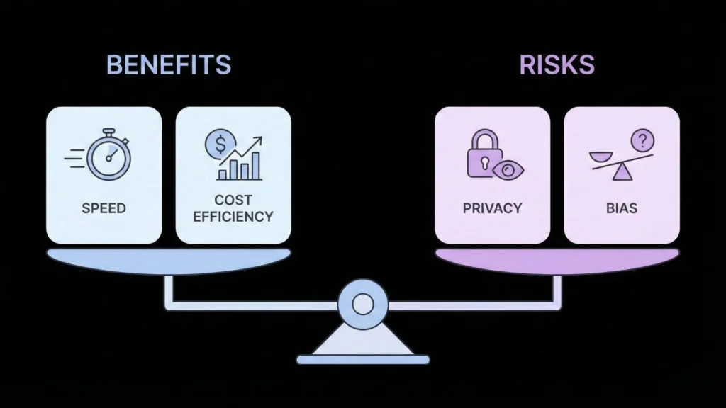 Balanced comparison of AI mobile app development benefits including speed and cost efficiency versus risks like data privacy concerns and algorithmic bias.