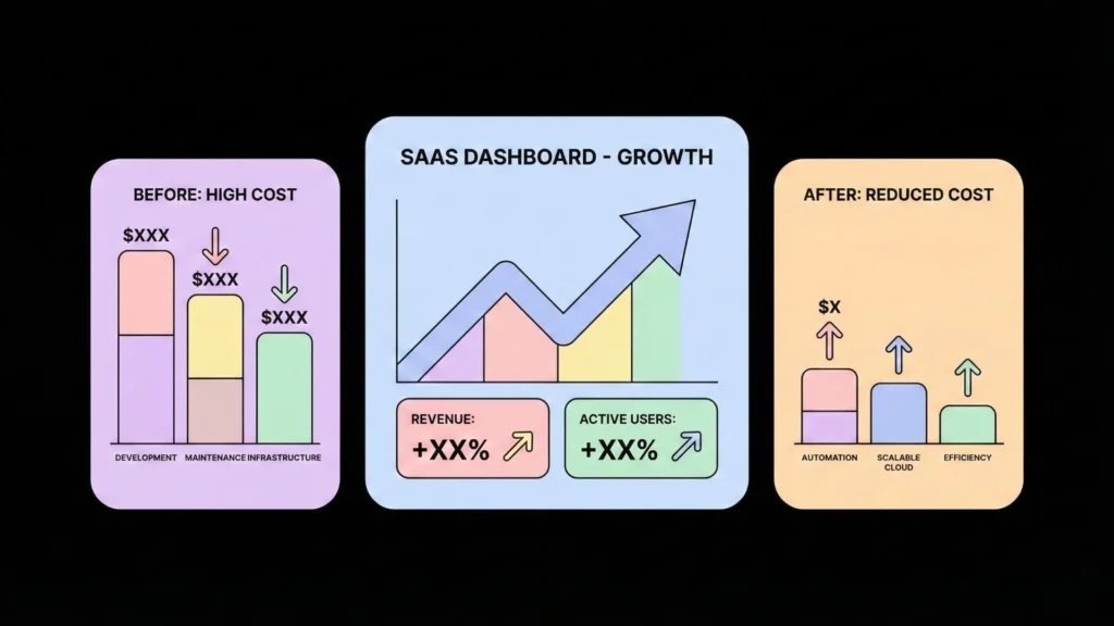 SaaS growth dashboard showing increased revenue and active users alongside reduced development and infrastructure costs through AI automation and scalable cloud systems.