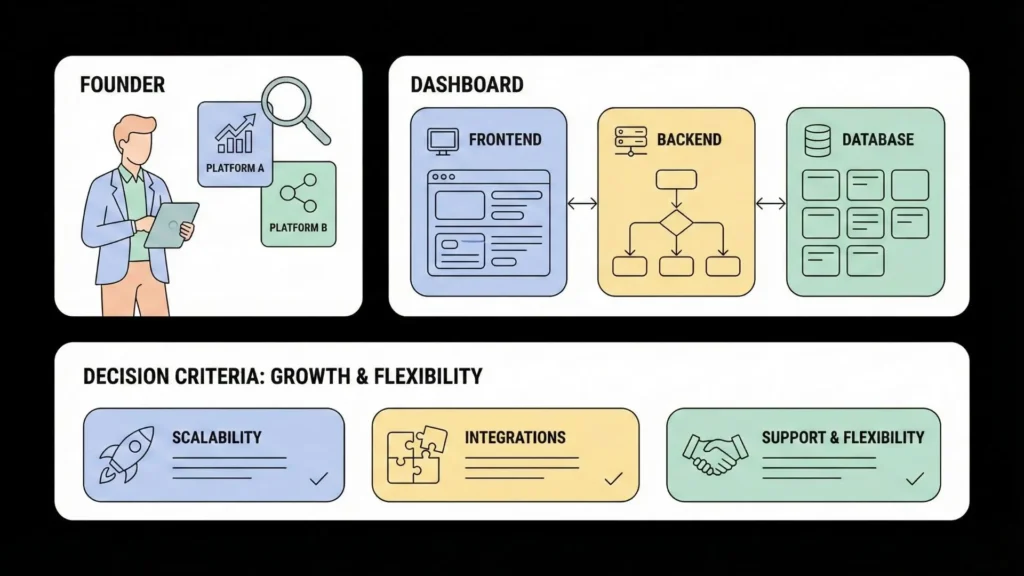 Dashboard view illustrating a full-stack AI no-code app builder with frontend interface, backend workflows, and integrated database management.