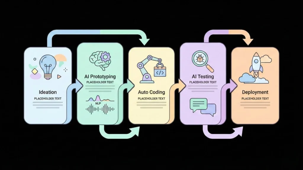 AI-powered mobile app development lifecycle from ideation and AI prototyping to automated coding, AI testing, and cloud deployment.