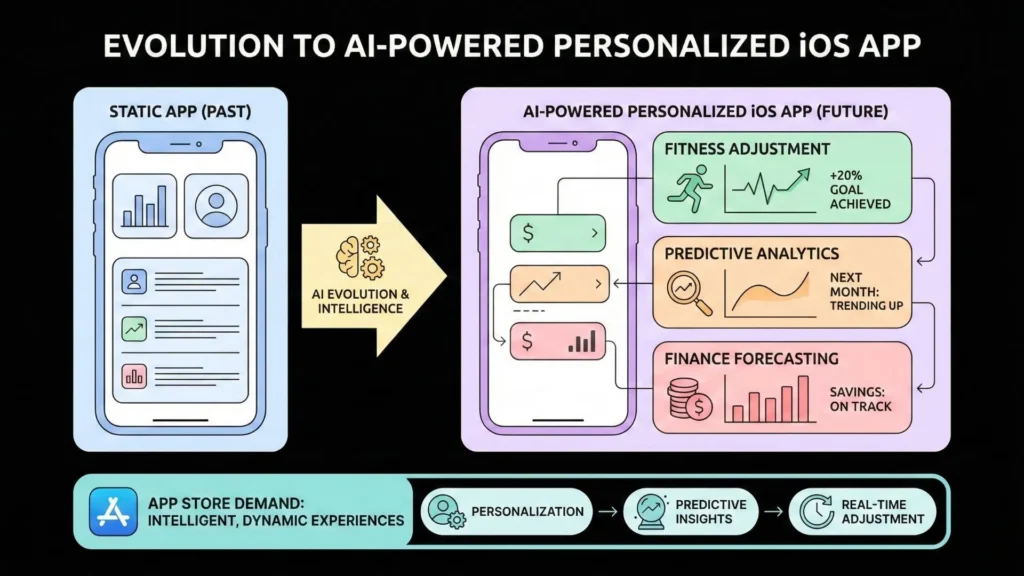 Comparison showing the evolution from a static iOS app to an AI-powered personalized iOS application with predictive analytics, fitness adjustment, and finance forecasting features.