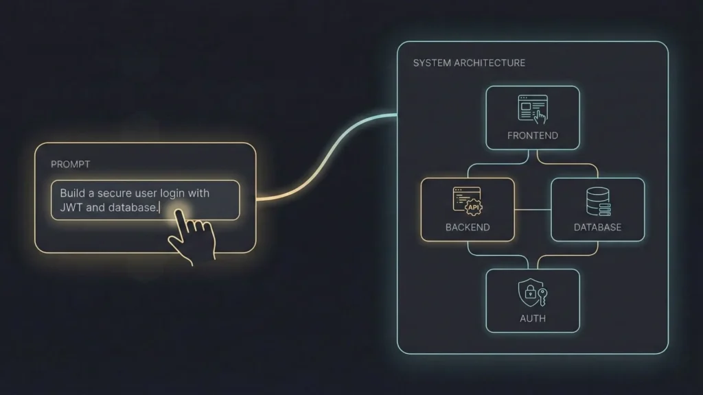 AI-powered prompt generating a secure system architecture with frontend, backend, authentication, and database components