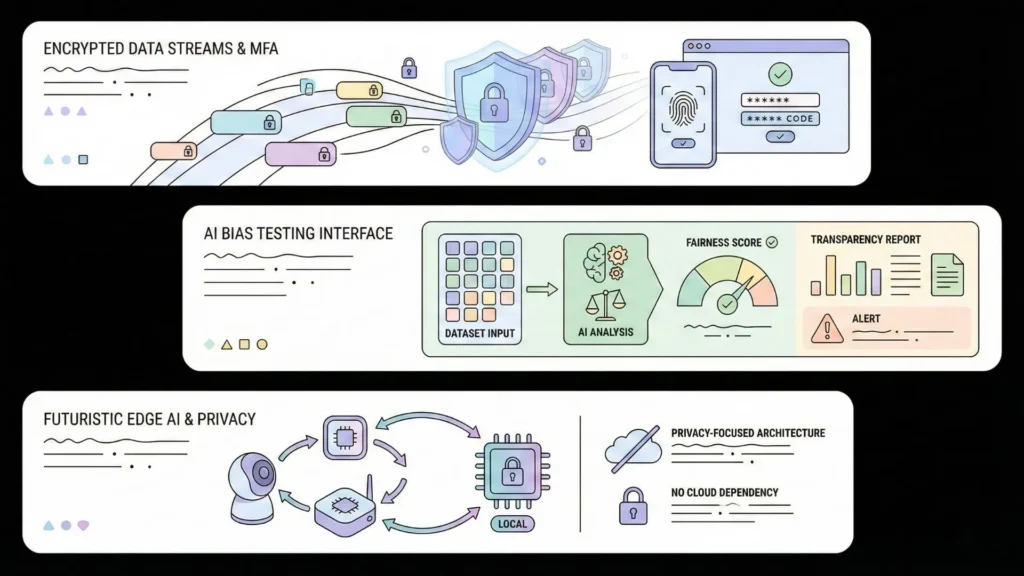 AI security and ethics framework featuring encrypted data streams, multi-factor authentication, AI bias testing interface, and privacy-focused edge AI architecture