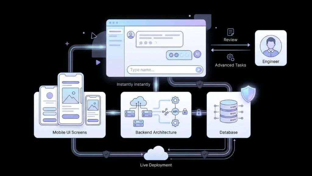 ai software development workflow diagram featuring mobile ui backend
