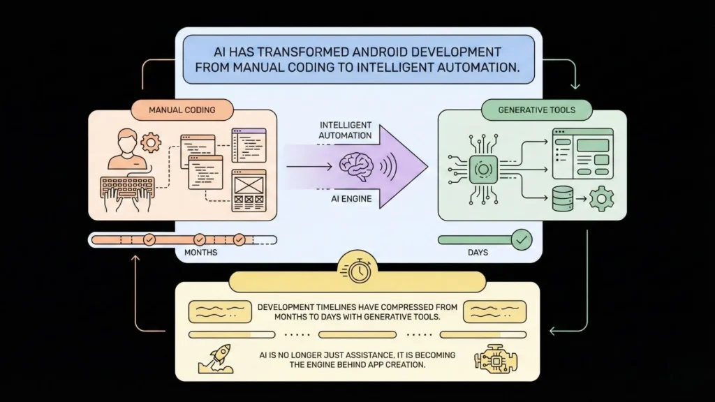Diagram showing how AI transforms Android app development from manual coding to intelligent automation using generative tools and AI engines