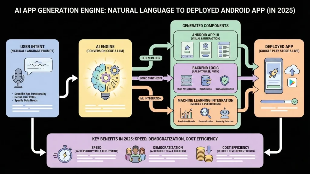 AI app generation engine converting natural language prompts into deployed Android apps with generated UI components, backend logic, machine learning integration, and Google Play Store deployment.