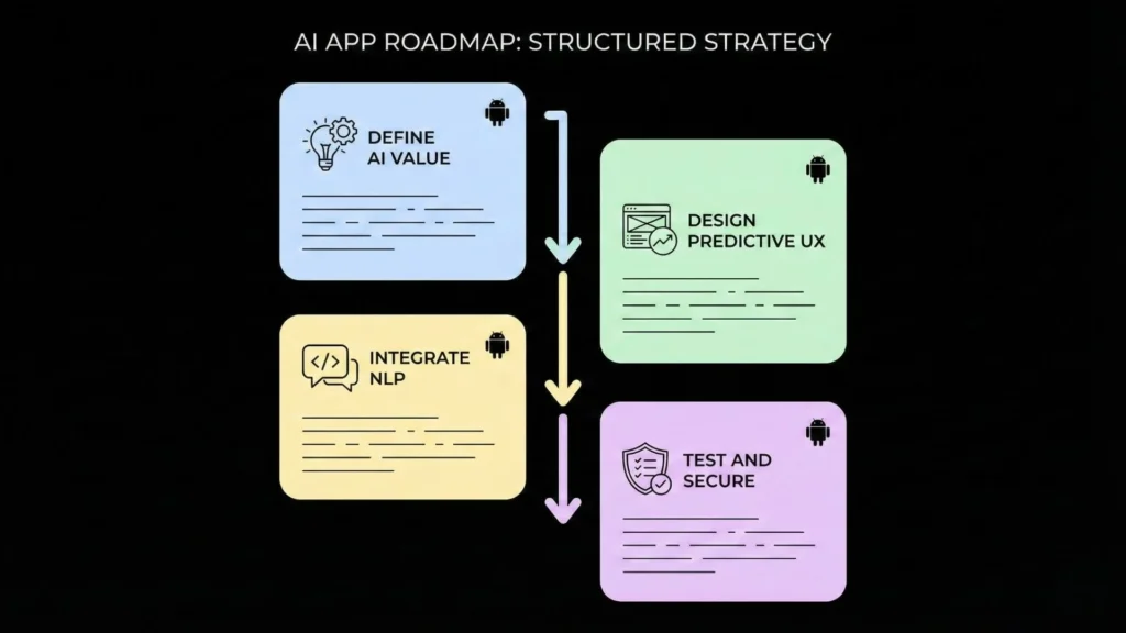 Structured roadmap for building an AI-powered Android app including defining AI value, integrating NLP, designing predictive UX, and testing for security and performance.