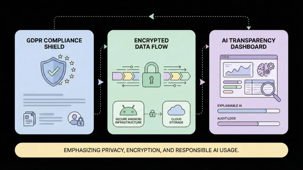 Android AI app security framework showing GDPR compliance shield, encrypted data flow, secure cloud infrastructure, and AI transparency dashboard with audit logs.