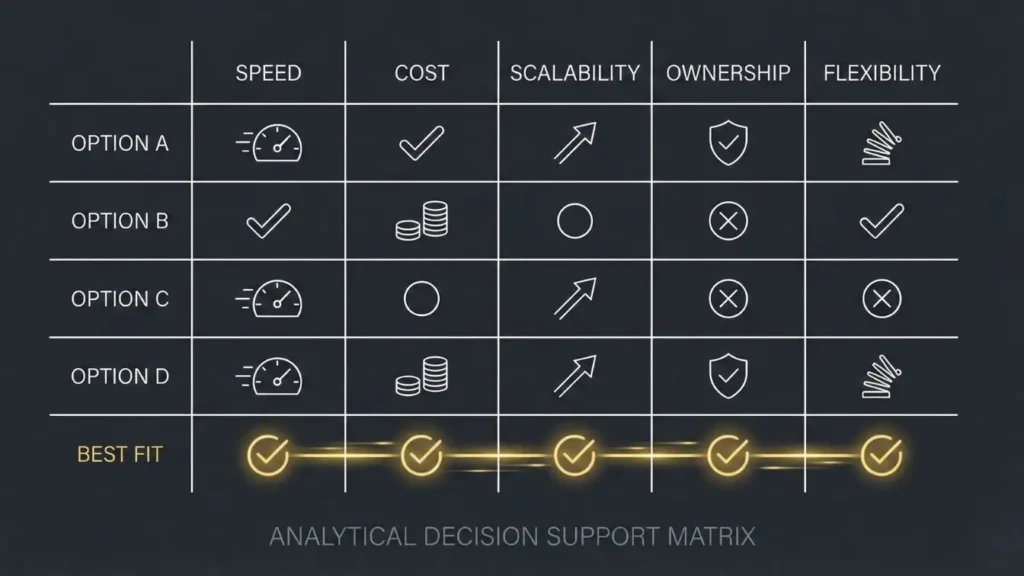 Analytical decision matrix comparing multiple development options across speed, cost, scalability, ownership, and flexibility.