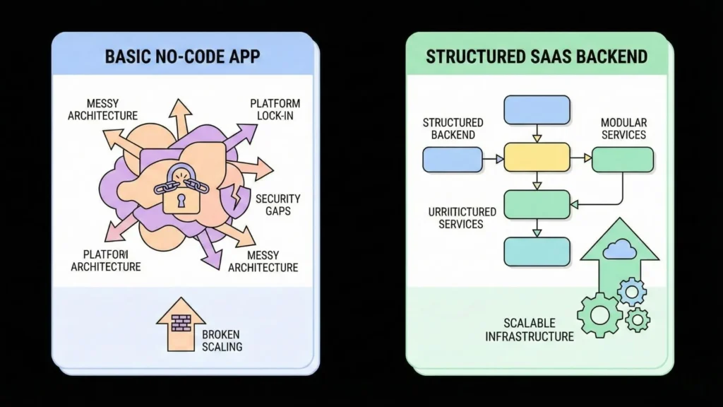 Comparison between basic no-code app with messy architecture and platform lock-in versus structured SaaS backend with modular services and scalable infrastructure.