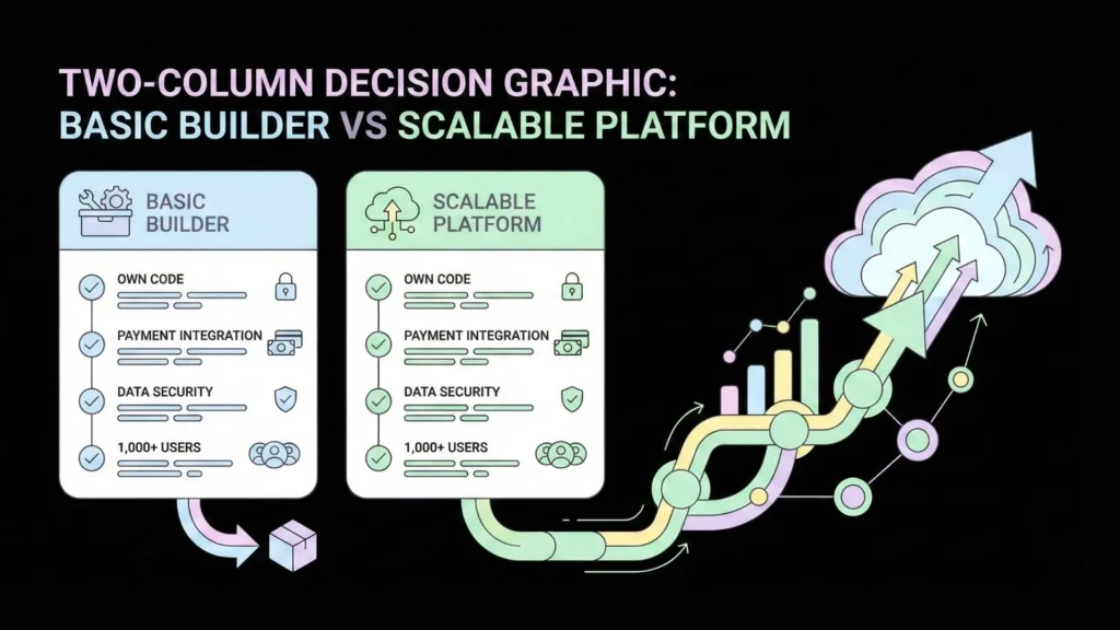 Decision comparison between basic no-code app builders and scalable AI platforms for secure, revenue-ready application growth