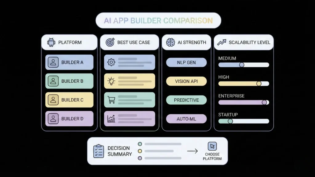 Comparison of best AI app builders for Android in 2025 highlighting platform use case, AI strength, and scalability levels from startup to enterprise.