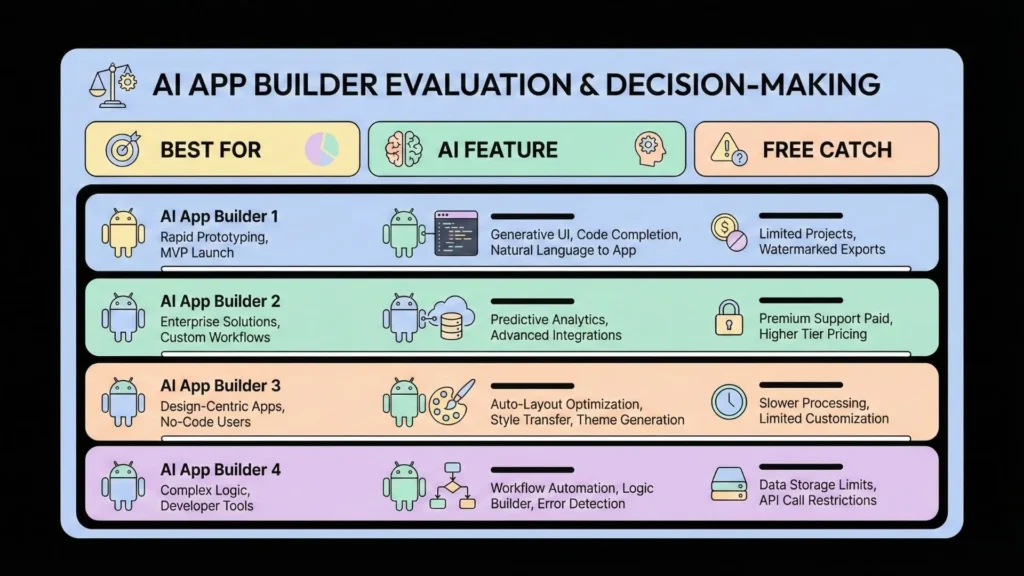 Comparison chart of top free AI Android app builders in 2025 highlighting best use cases, standout AI features, and limitations of free tiers.