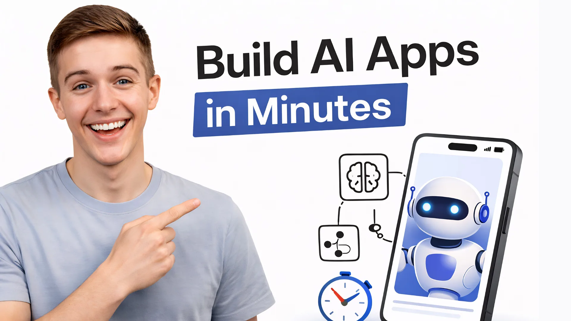Smiling man pointing at phone showing AI apps built quickly.