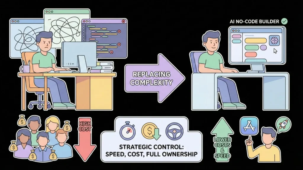 Comparison between traditional coding setup and AI no-code builder showing reduced complexity, lower costs, faster speed, and full ownership control.