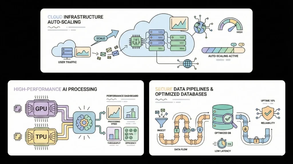 Cloud infrastructure with auto-scaling, GPU and TPU acceleration, secure data pipelines, and optimized databases for scalable AI applications
