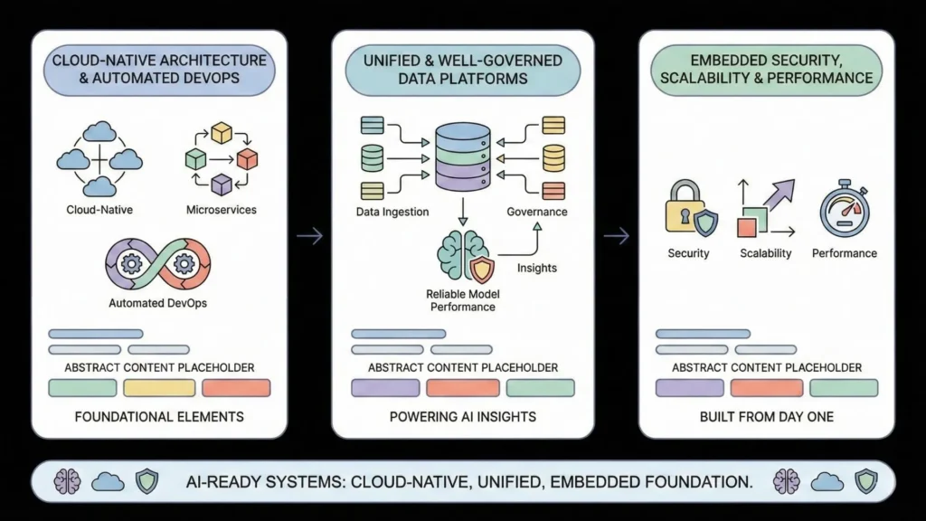 AI-ready cloud platform architecture including microservices, automated DevOps, unified data platforms, governance, and built-in security and scalability