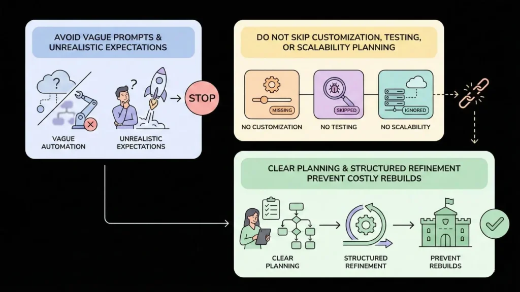 Common AI Android app development mistakes such as vague prompts, skipping testing, ignoring scalability planning, and lack of structured refinement