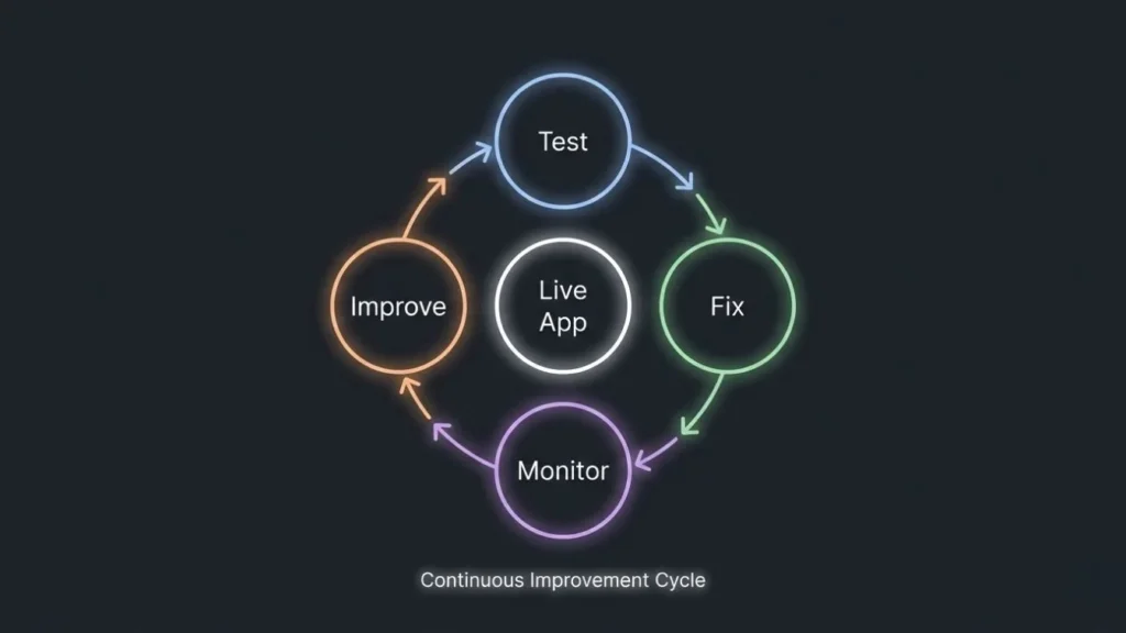 Circular diagram illustrating a continuous improvement loop around a live app including test, fix, monitor, and improve stages.