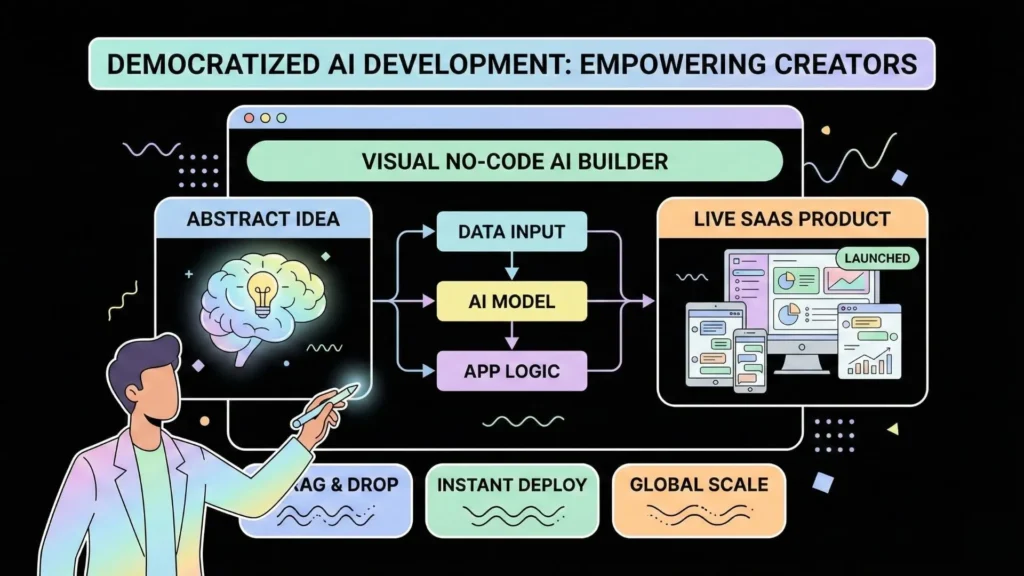 Visual no-code AI builder turning ideas into live SaaS apps