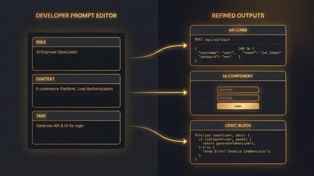 Developer prompt editor transforming structured AI prompts into API endpoints, UI components, and application logic