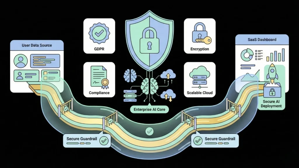 Enterprise AI deployment with security guardrails, GDPR compliance, encryption, scalable cloud infrastructure, and secure SaaS dashboard