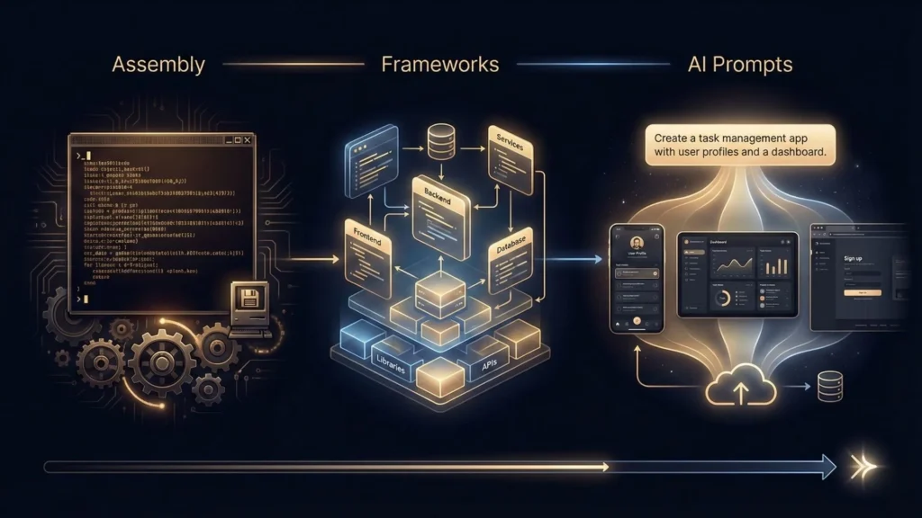Evolution of app development from manual coding and frameworks to AI-powered prompt-based application creation