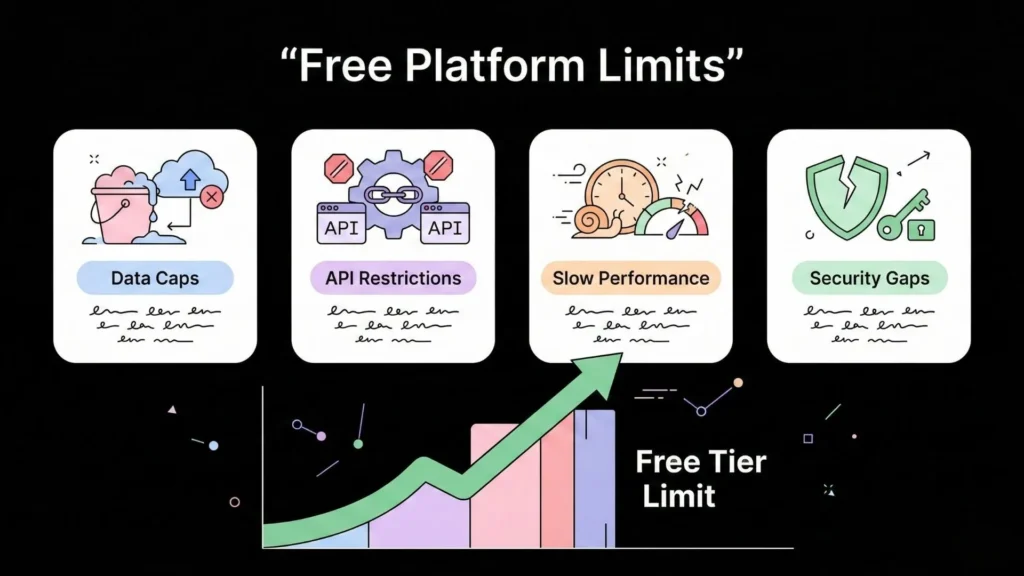 Common limitations of free no-code AI platforms including data caps, API restrictions, slow performance, and security gaps affecting scalability