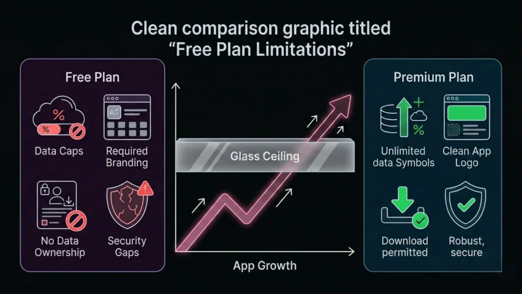 Free no-code AI app builder limitations compared to premium plan showing data caps, branding restrictions, and scalability benefits