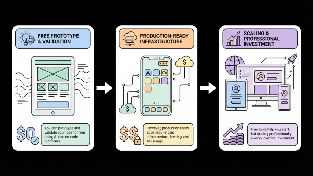 Journey from free AI app prototyping to production-ready infrastructure and professional scaling using no-code platforms in 2025