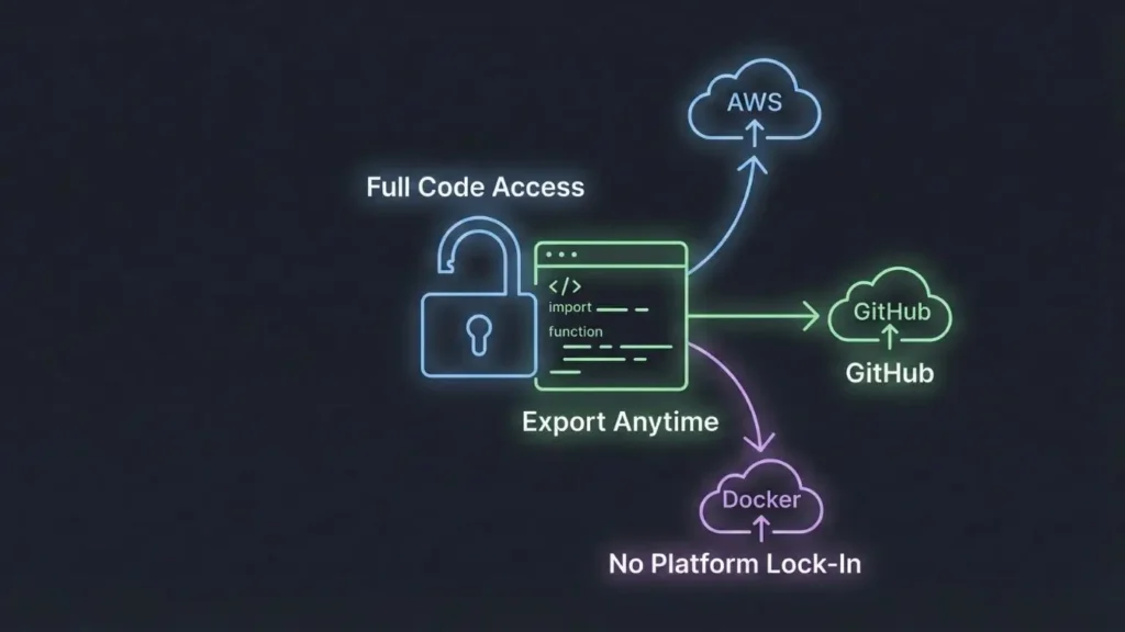 Diagram showing full code access with the ability to export to AWS, GitHub, and Docker without platform lock in.