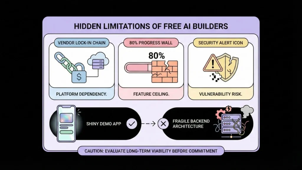 Hidden limitations of free AI app builders including vendor lock-in, 80 percent feature ceiling, security vulnerabilities, and fragile backend architecture.