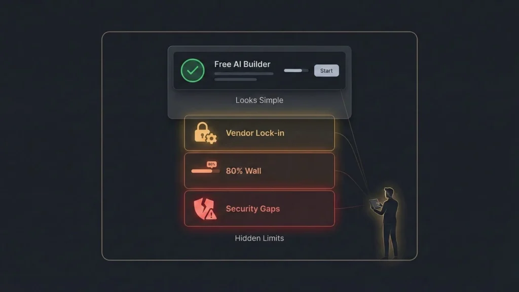 Illustration highlighting hidden limitations of free AI app builders including vendor lock-in, security gaps, and feature restrictions