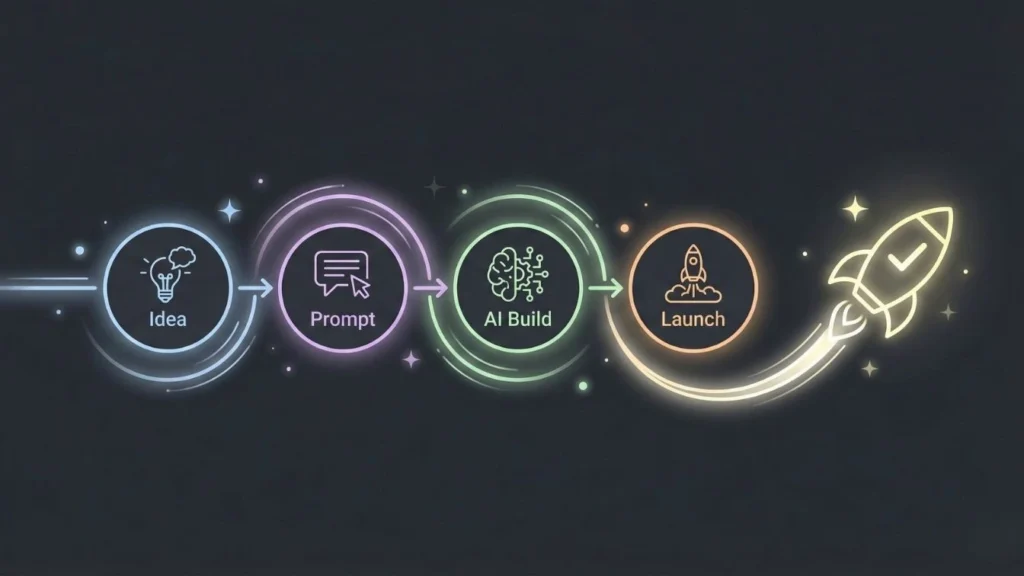 Linear flow showing the journey from idea to prompt, AI build, and product launch represented by a rocket.
