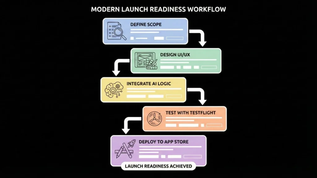 Modern iOS AI app launch workflow including defining scope, UI UX design, AI logic integration, TestFlight beta testing, and App Store deployment.