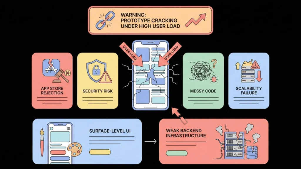 Illustration of an iOS AI app prototype failing under high user load showing scalability issues, messy code, security risks, and weak backend infrastructure.