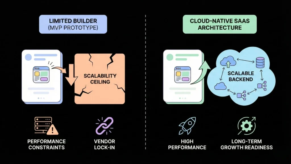 Comparison between limited MVP app builder with scalability ceiling and vendor lock-in versus cloud-native SaaS architecture with scalable backend and long-term growth readiness.