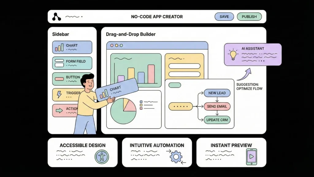 Drag-and-drop AI app builder with automation and preview