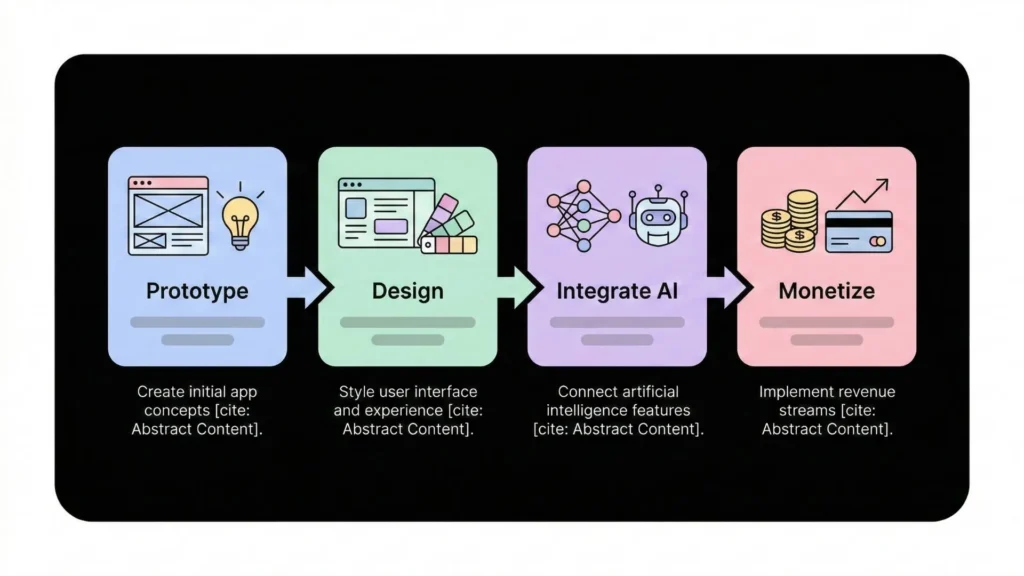 Step-by-step no-code AI app development workflow from prototyping and design to AI integration and monetization
