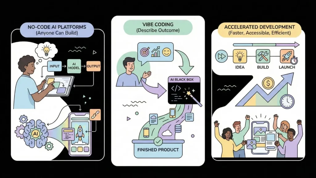 No-code AI platform workflow showing vibe coding process and accelerated app development from idea to launch