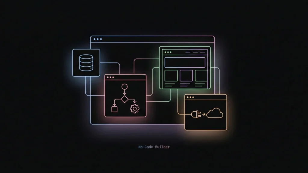 No-code web app builder interface showing visual logic flow, database schema, and plugin integrations powered by AI