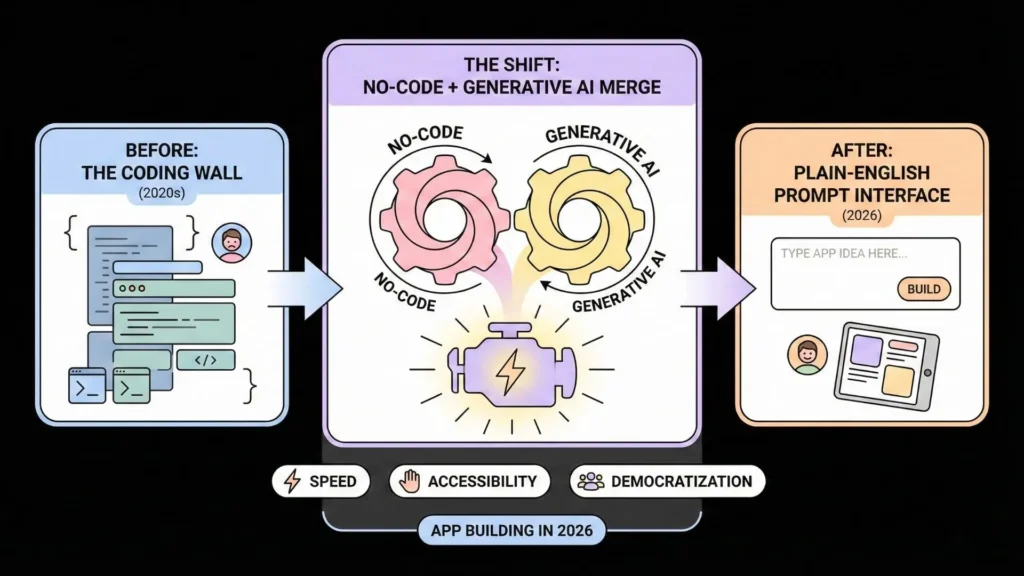 Visual comparison showing the shift from traditional coding complexity to no-code and generative AI app building using plain English prompts in 2026.