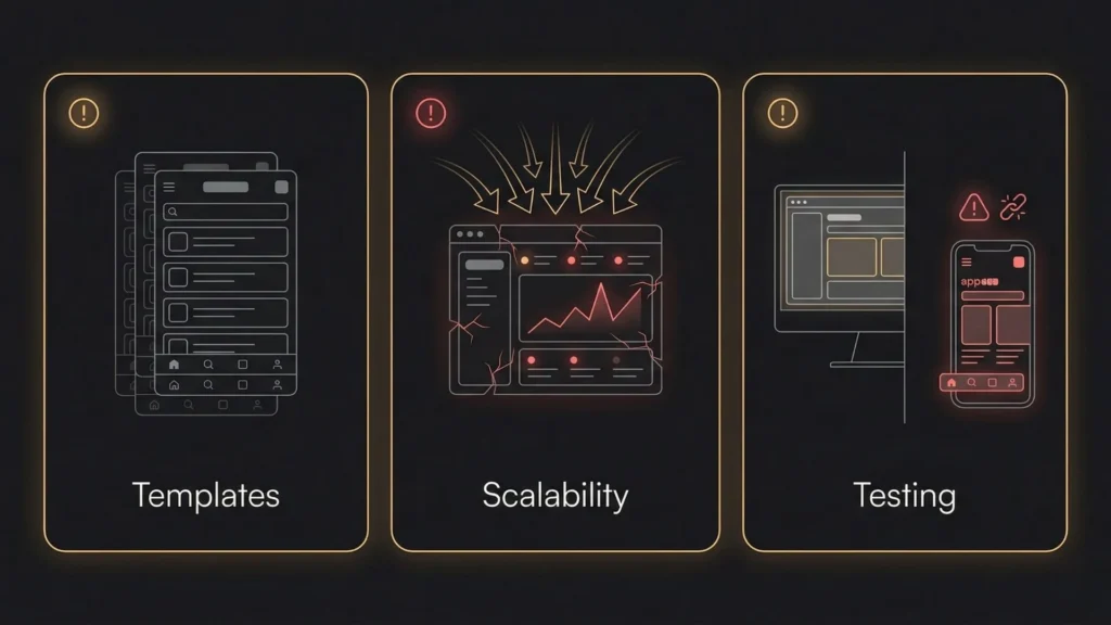 Comparison highlighting common no-code platform issues including rigid templates, scalability problems, and limited testing