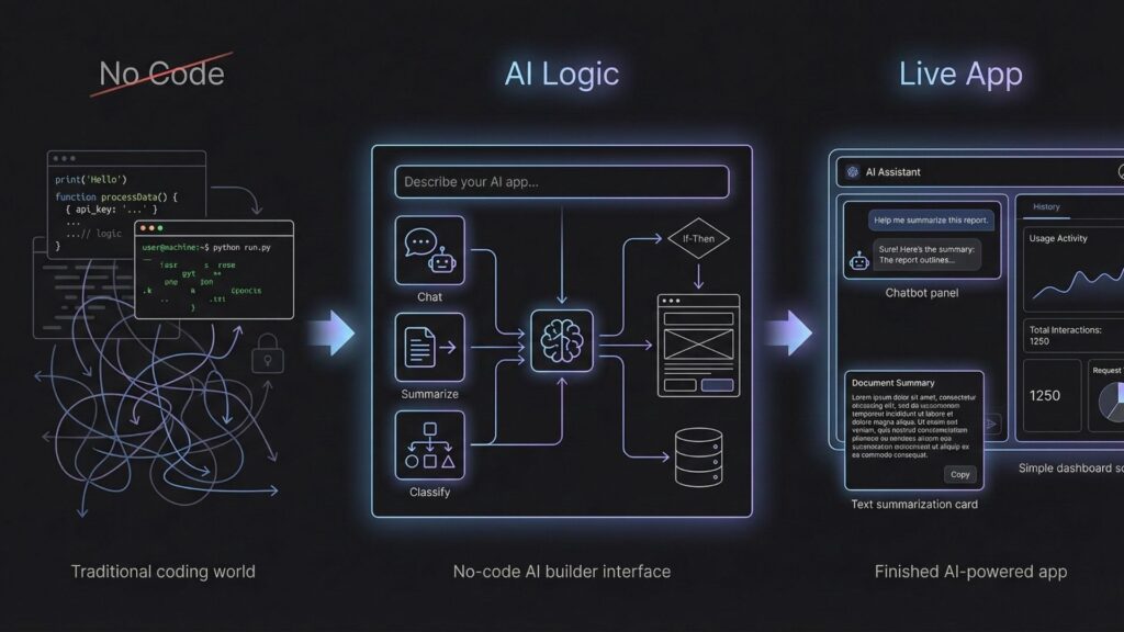 Workflow showing how no-code development evolves into AI-powered logic and a finished live application