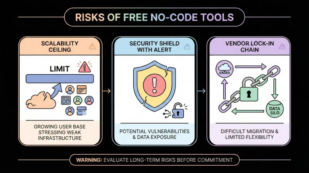 Risks of free AI no-code Android app builders including scalability limits, security vulnerabilities, vendor lock-in, and data silos.