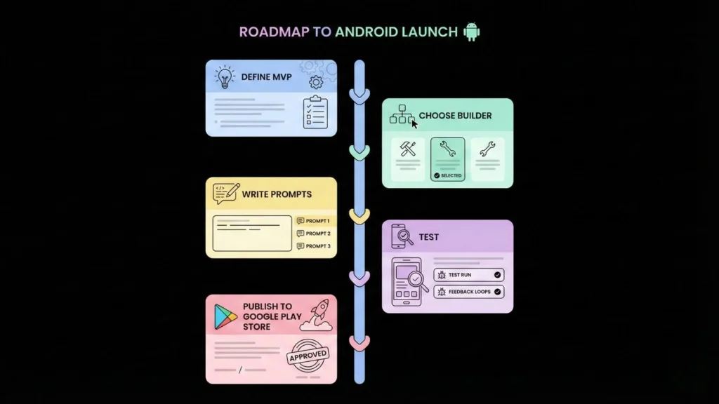 Step-by-step roadmap to launch an Android app using a free AI app builder including defining MVP, writing prompts, testing, and publishing to Google Play Store.