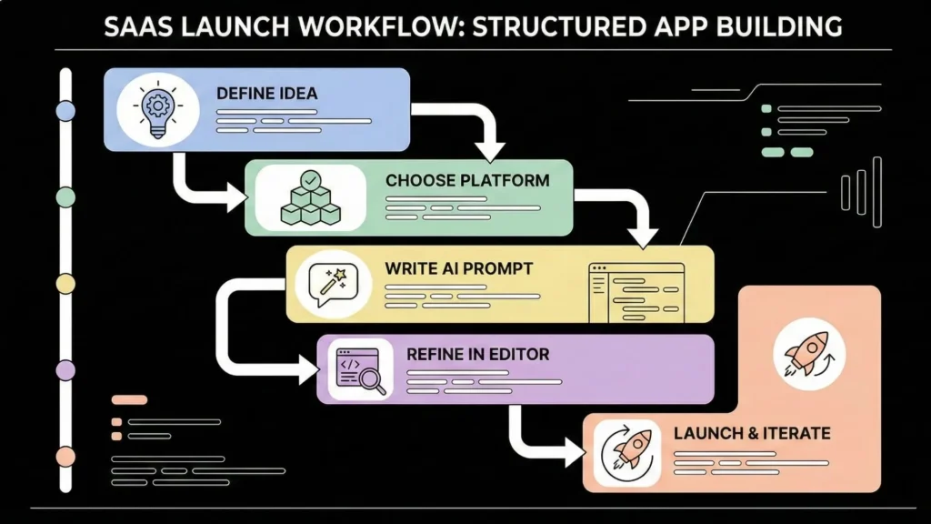 Step-by-step SaaS launch workflow using a free AI app builder including defining idea, choosing platform, writing AI prompt, refining in editor, and launching MVP.