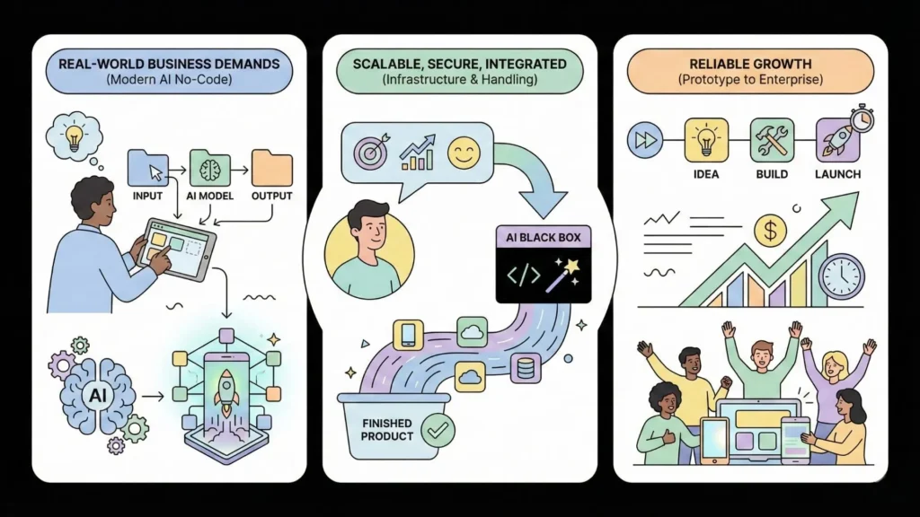 Scalable and secure AI no-code app builder supporting enterprise growth from prototype to full product launch